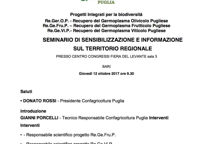 LOCANDINA BIODIVERSITA II CONVEGNO CONFAGRICOLTURA PUGLIA Bari F.d.L 12 ottobre 2017